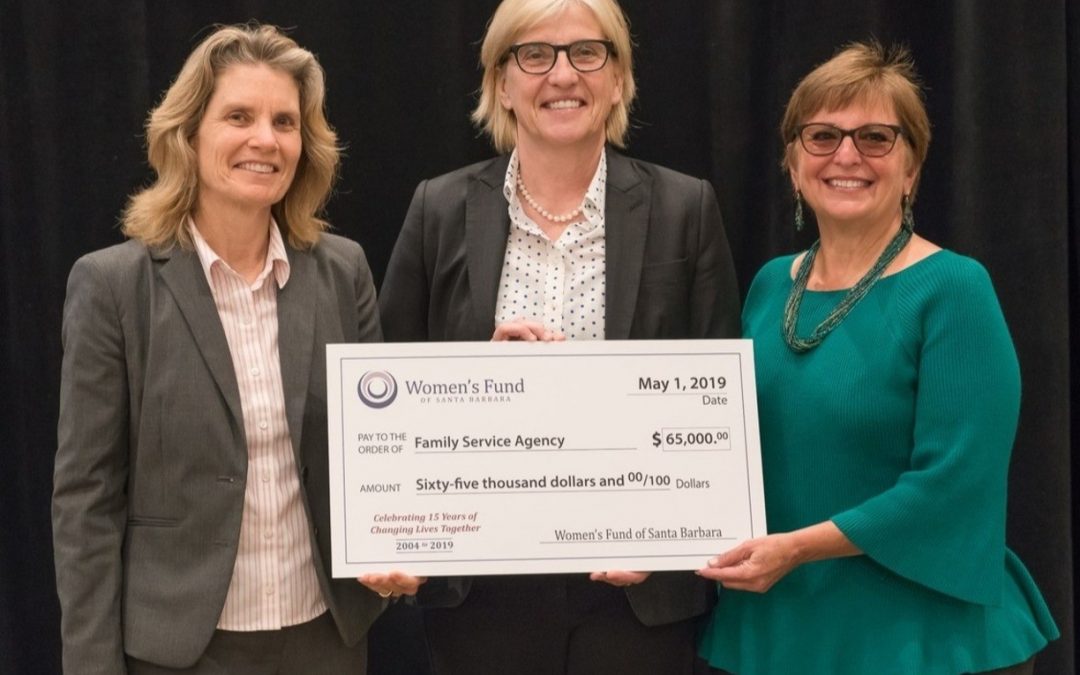 Women’s Fund Representative Robin Abrahamson Masson (far right) presented Family Service Agency Executive Director Lisa Brabo (left) and Santa Barbara County Public Defender Tracy Macuga (center) a $65,000 grant to expand the Holistic Defense Program, which integrates social services and legal representation, to help women stabilize their lives and reduce reoffending.